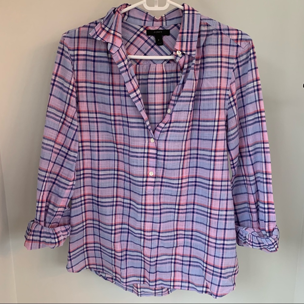 JCrew pink and purple plaid blouse, 1/2 button up